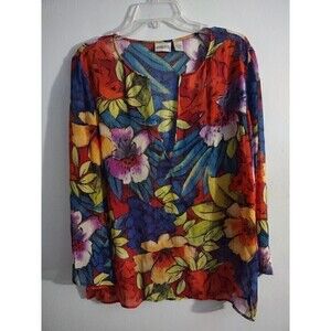 Chico's sz 1 Silk Top Sheer Long Sleeve Cover-Up Bright Floral Red Yellow Blue